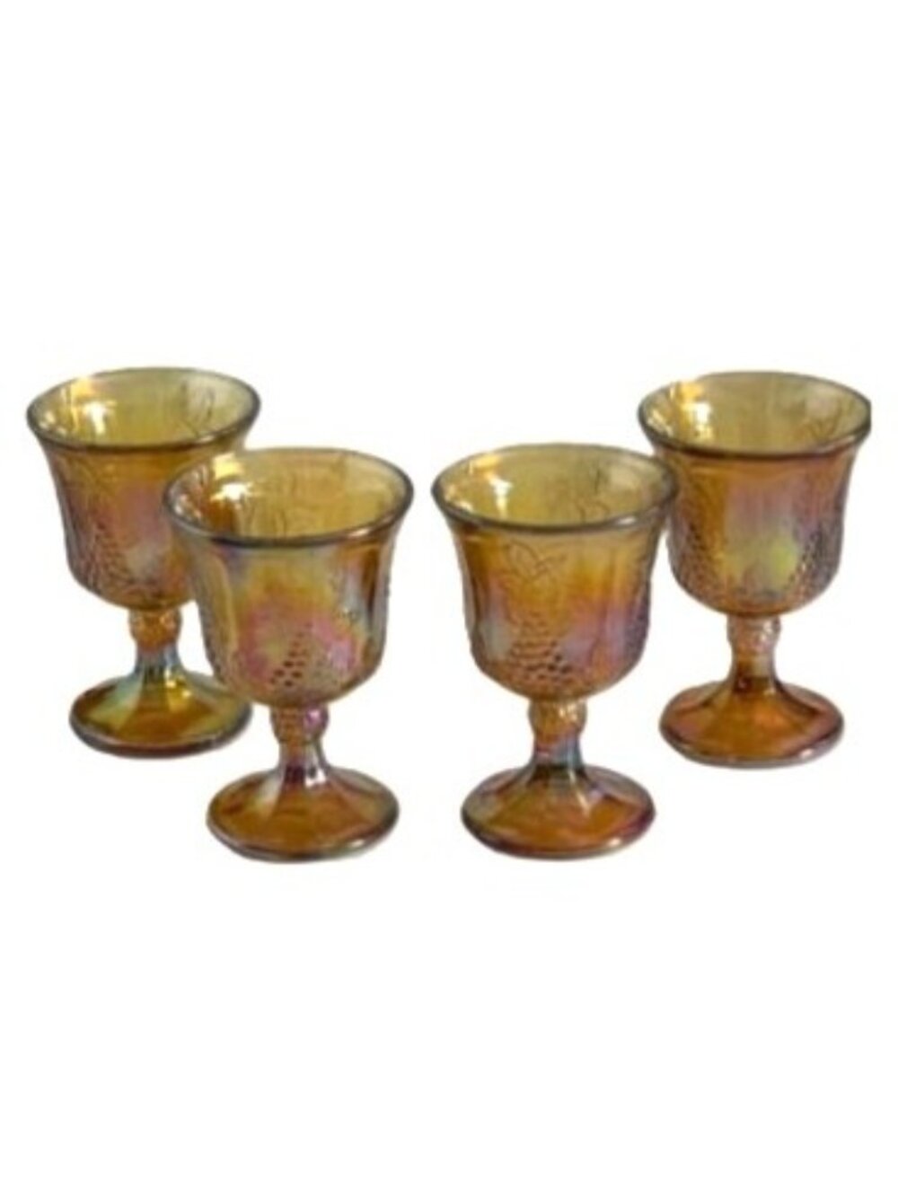 Vintage Indiana Carnival Glass Goblet Set Amber Gold Harvest Grape Design 6"